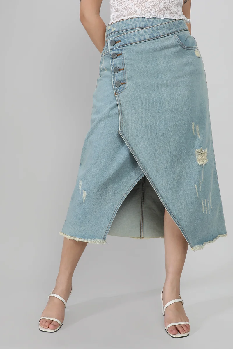 Campus Sutra  Women's Light Blue Asymmetrical Midi Denim Skirt for Women | Best Price UAE