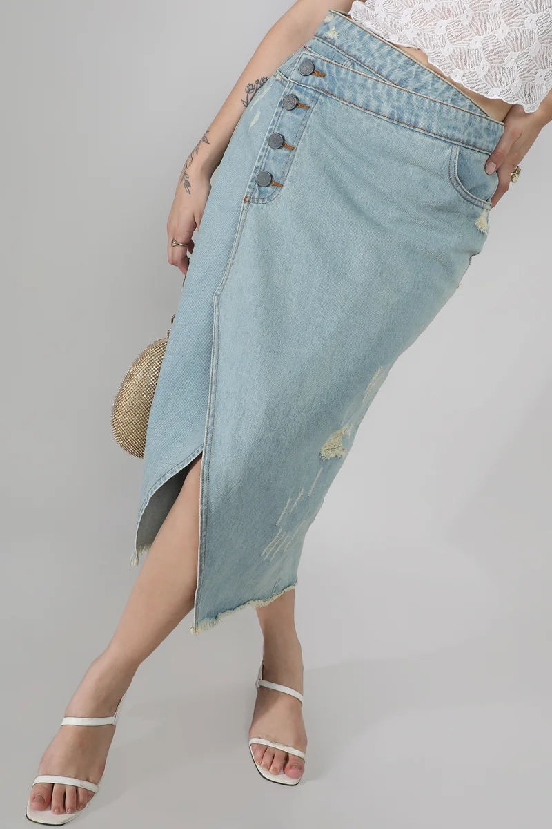 Women's Light Blue Asymmetrical Midi Denim Skirt