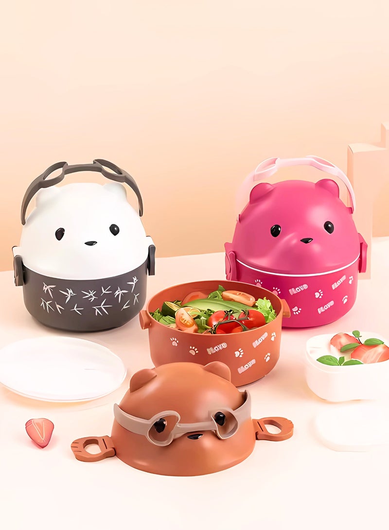 تويسو صندوق غداء مزدوج الطبقات من Twisoo Cute Bear - 450 مل، خالٍ من مادة BPA، مانع للتسرب، قابل للحمل، من مادة البولي بروبيلين الملائمة للطعام مع قفل وملعقة - مقصورتان، سهل الحمل، مثالي للأطفال والكبار (بني) - Image 3