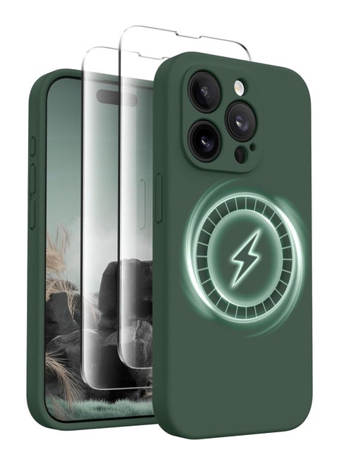 iPhone 15 Pro Max Case Silicone, Compatible with MagSafe, [Camera Protection][2X Screen Protectors] Slim Shockproof Protective Case, Soft Anti-Scratch Microfiber Lining, Alpine Green