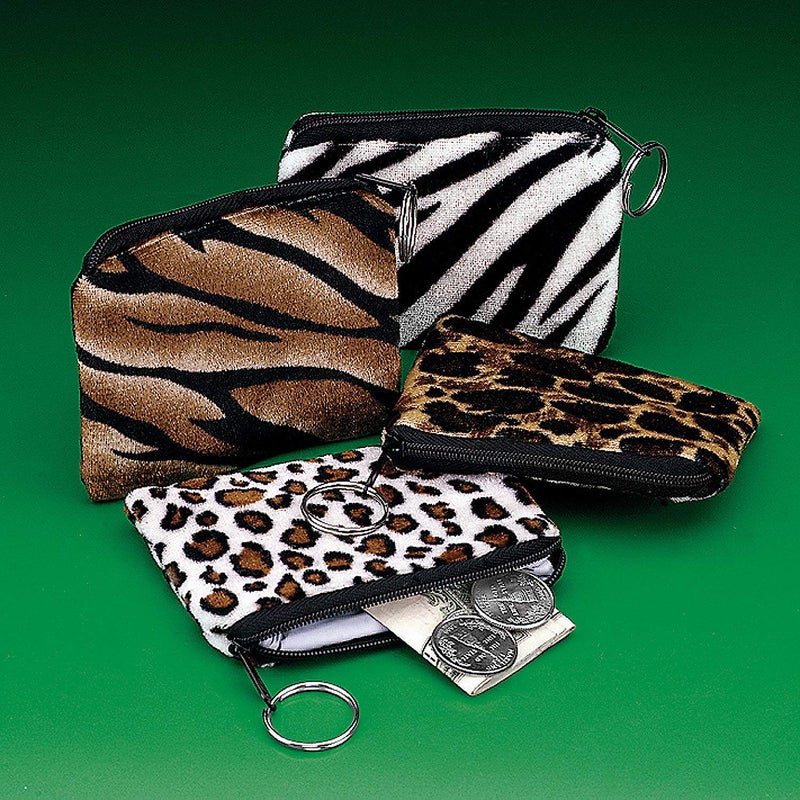 Fun Express Plush Safari Print Coin Purse Key Chain, Pack of 12