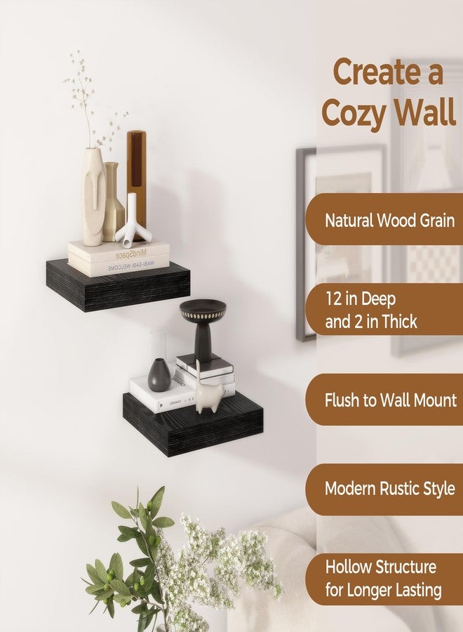 Fun Memories 12 Inch Floating Shelf, Rustic Wood Wall Shelves for Wall Decor & Storage, 12 x 12 Floating Shelf for Living Room, Bathroom, Bedroom, Black, Set of 2 - Image 5