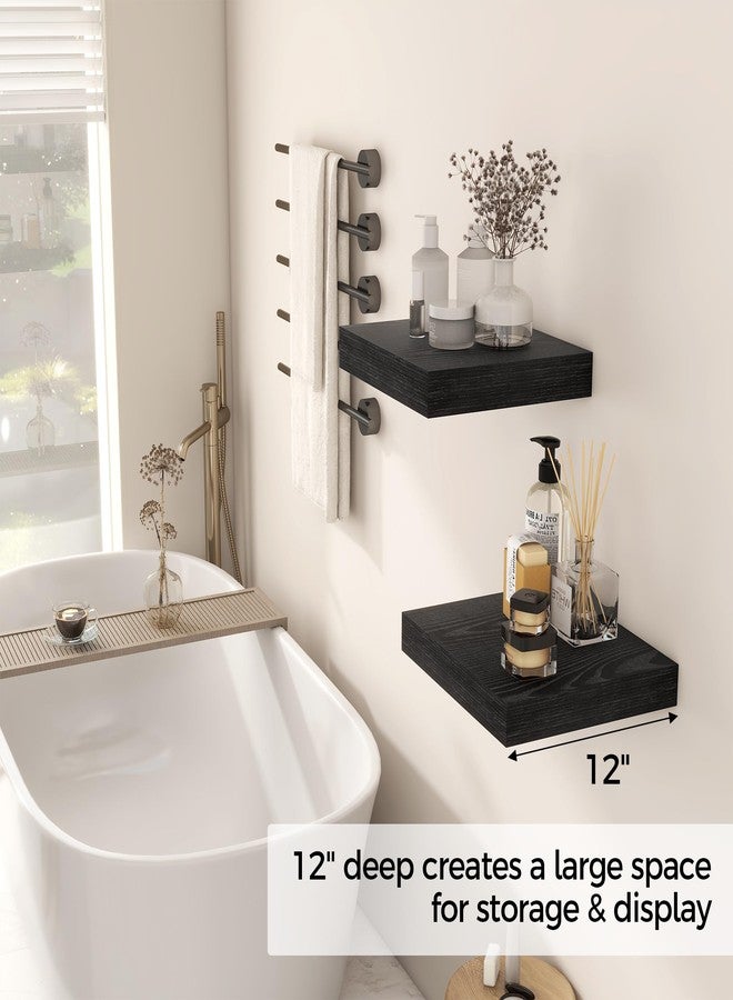 Fun Memories 12 Inch Floating Shelf, Rustic Wood Wall Shelves for Wall Decor & Storage, 12 x 12 Floating Shelf for Living Room, Bathroom, Bedroom, Black, Set of 2 - Image 4