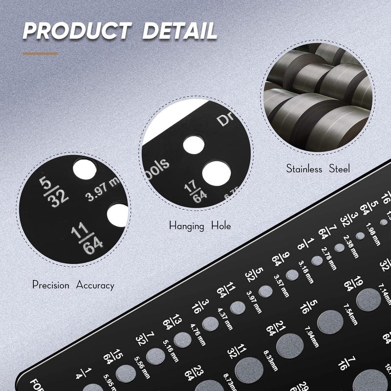 TOODOO Drill Bit Gauge 116 Inch to 12 Inch Screw Size and Thread Gauge Inches and Decimal Drill 29Hole Black Bit Size Guide for Handymen Mechanics - Image 3