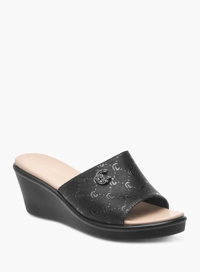 Le Confort Womens Monogram Embossed Sandals With Wedge Heels