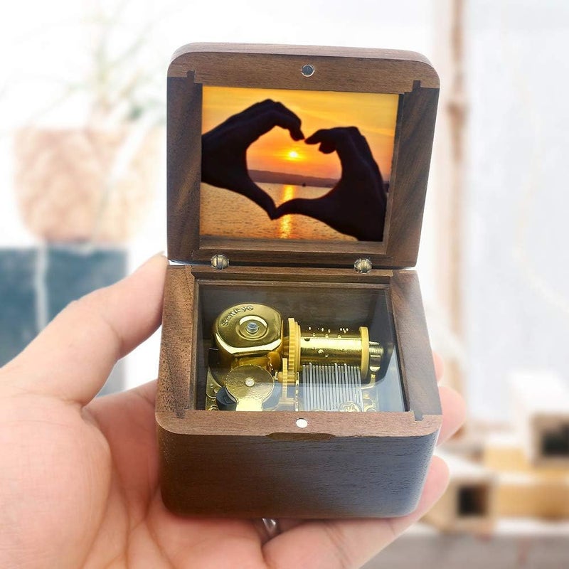 Sinzyo Natural Wooden Music Box with Customizable Photos Wind Up Musical Box Gifts for Christmas,Birthday and Valentine's Day(Simple Walnut, Tone:Can't Help Falling in Love) - Image 4