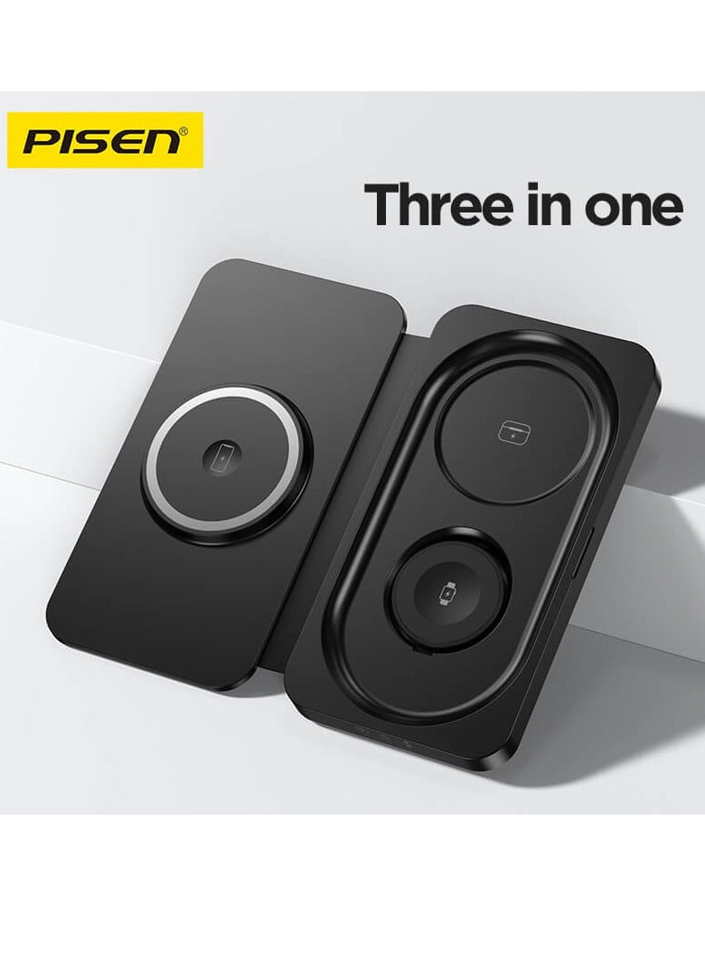 PISEN 3-in-1 15W travel Multifunctional Magnetic Wireless Charger Suitable for mobile phones, Bluetooth earphones, and smart watches - Image 2