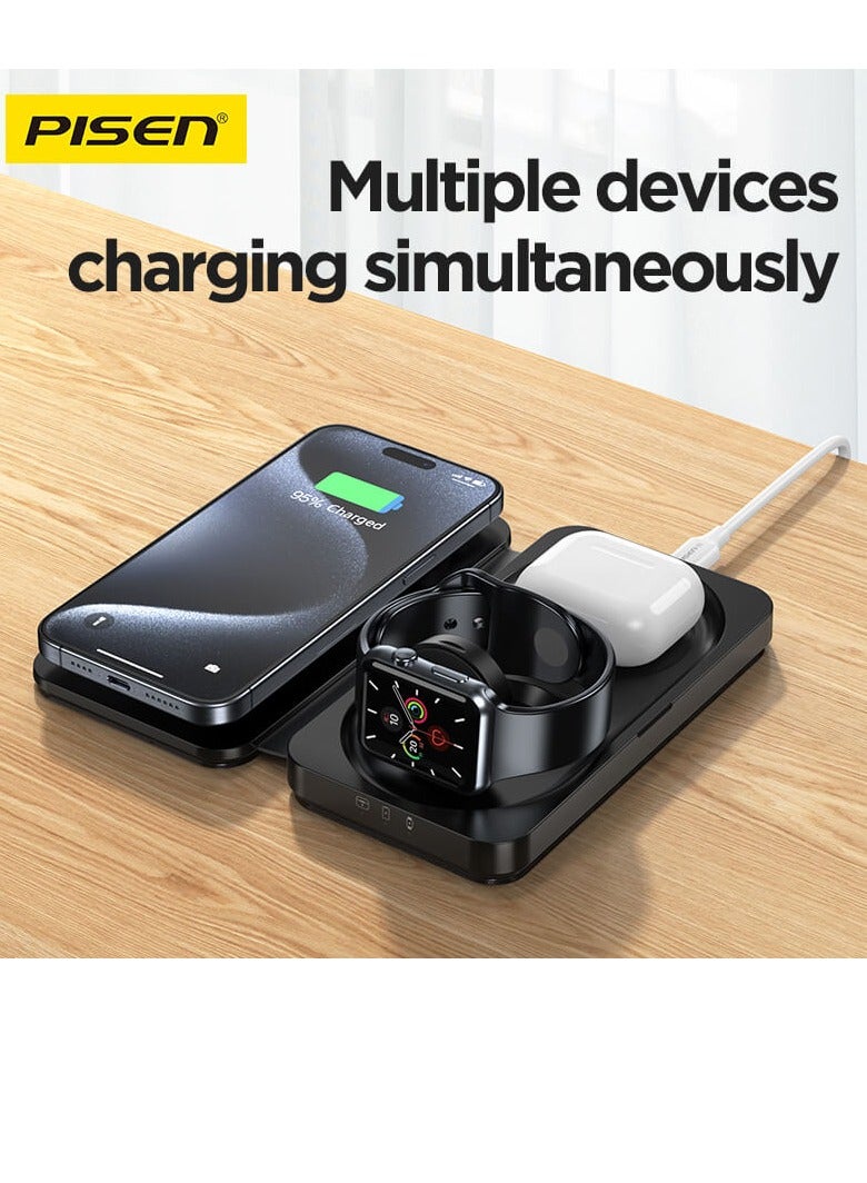 PISEN 3-in-1 15W travel Multifunctional Magnetic Wireless Charger Suitable for mobile phones, Bluetooth earphones, and smart watches - Image 1
