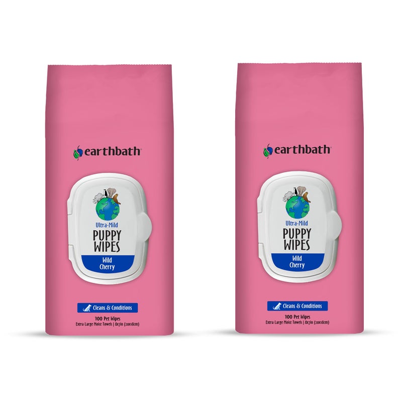 earthbath UltraMild Wild Cherry Puppy Wipes Dog Wipes for Paws and Butt Best Pet Wipes for Dogs Puppies Made in USA CrueltyFree Dog Cleaning Wipes 100 Count 2 Pack
