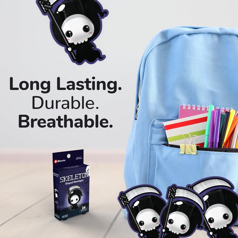 BioSwiss Bandages Halloween Skeleton Shaped Self Adhesive Bandage Latex Free Sterile Wound Care Fun First Aid Kit Supplies for Kids 24 Count - Image 5