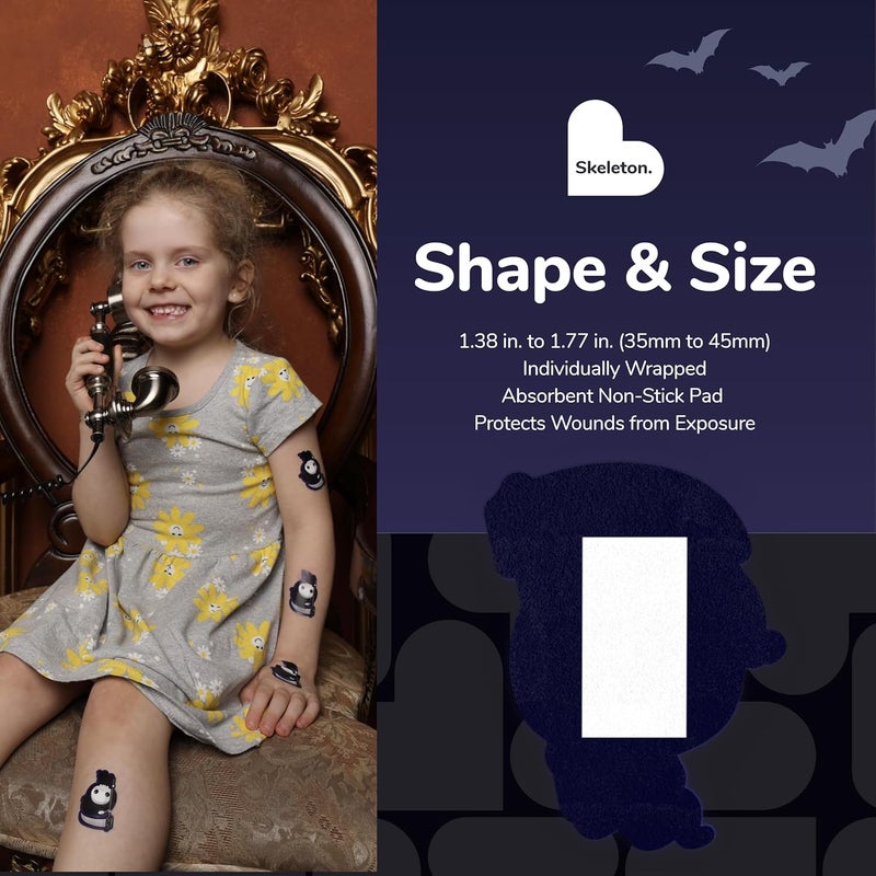 BioSwiss Bandages Halloween Skeleton Shaped Self Adhesive Bandage Latex Free Sterile Wound Care Fun First Aid Kit Supplies for Kids 24 Count - Image 4