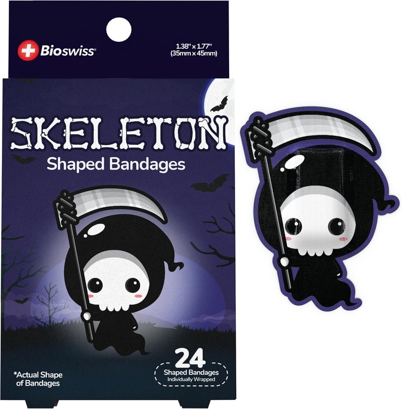 BioSwiss Bandages Halloween Skeleton Shaped Self Adhesive Bandage Latex Free Sterile Wound Care Fun First Aid Kit Supplies for Kids 24 Count - Image 1