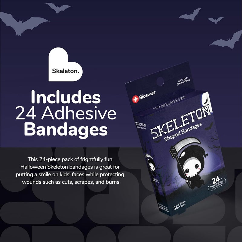 BioSwiss Bandages Halloween Skeleton Shaped Self Adhesive Bandage Latex Free Sterile Wound Care Fun First Aid Kit Supplies for Kids 24 Count - Image 2