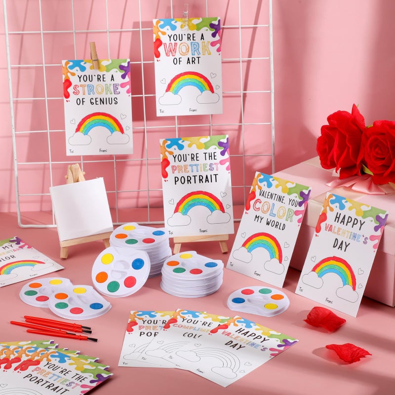 Sabary 18 Sets Valentines Party Favors for Kids Class Valentines Day Gifts Mini Watercolor Paint Set with Easel Valentine Card Painting Canvas Panel Brush for Preschool Classroom Prize Exchange - Image 5