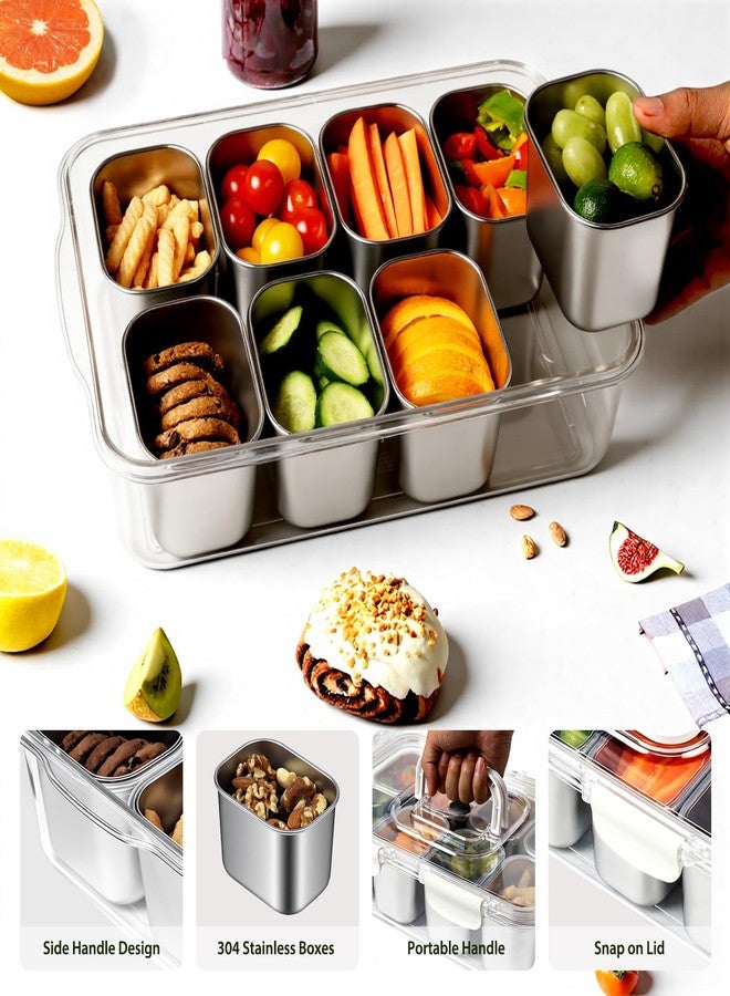 Freshmage Snackle Box Container, Stainless Steel Divided Serving Tray with Lid and Handle, 8 Compartment Portable Snack Platters - Clear Storage Organizer for Fruit Candy Nuts Veggie - Perfect for Travel Party - Image 3