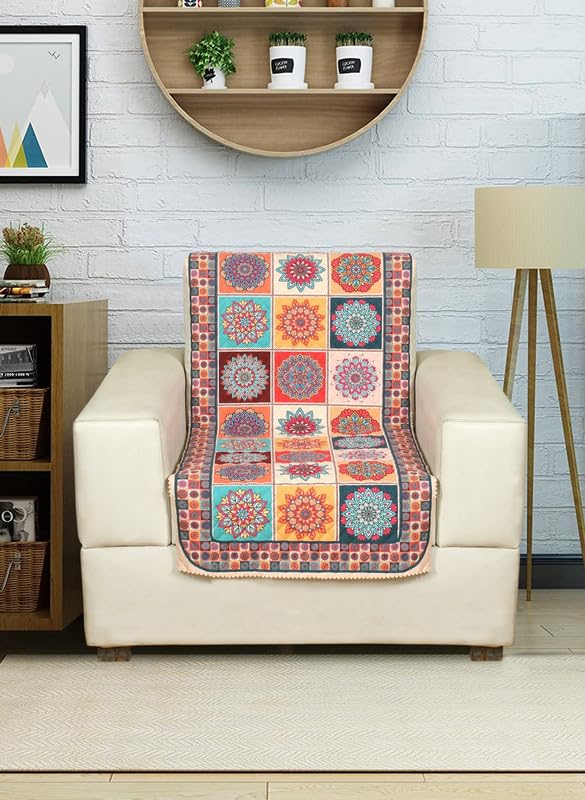Nendle Printed Quilted Combined Sofa Seat and Back Cover 1 Seater Plush Velvet Antislip Fabric Universal Sofa Protector Single Seater Covers Suitable for Sofa Sety (Orange, Pack of 1) - Image 1