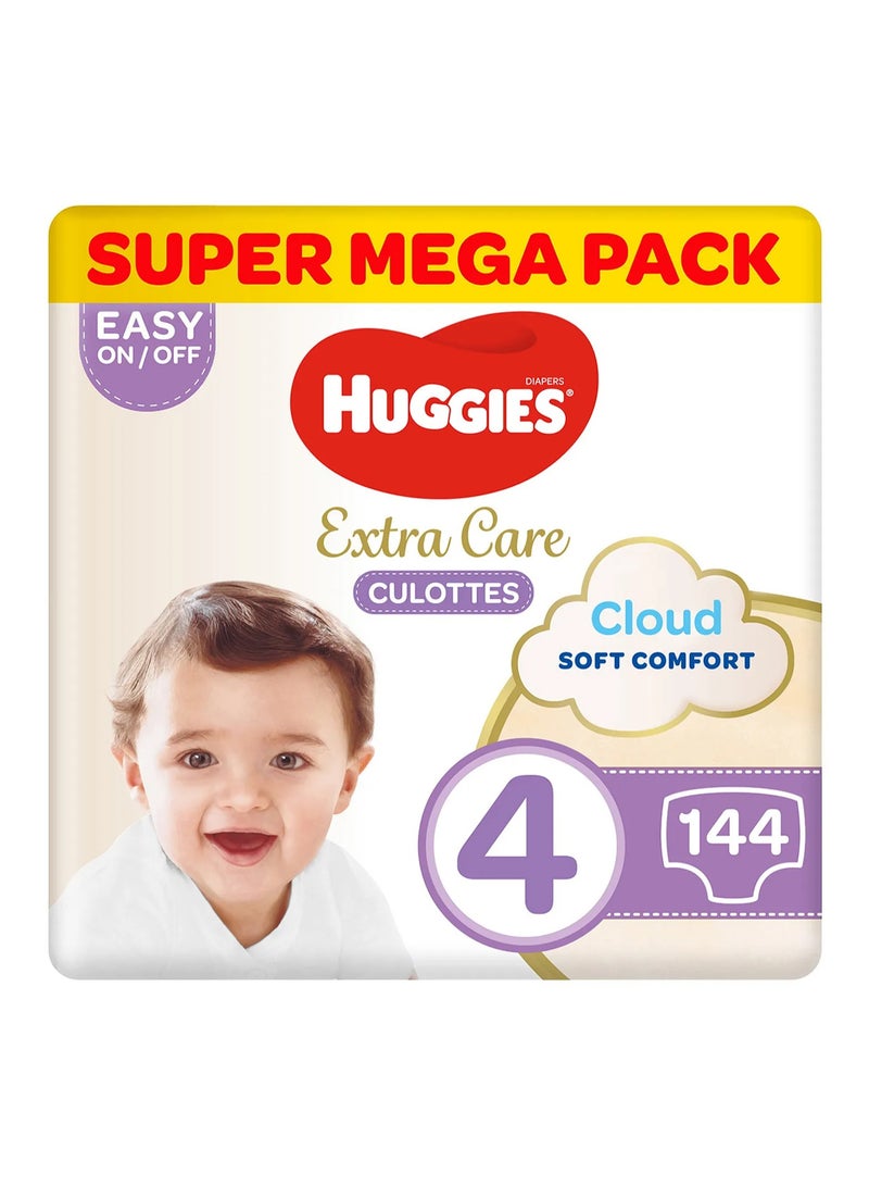 HUGGIES Huggies Extra Care Culottes Pant Style Baby Diapers, 144 Pieces Super Mega Pack, Size 4, 9-14kg - Double Leak Guards, Wetness Indicator, Soft Waistband - Image 1
