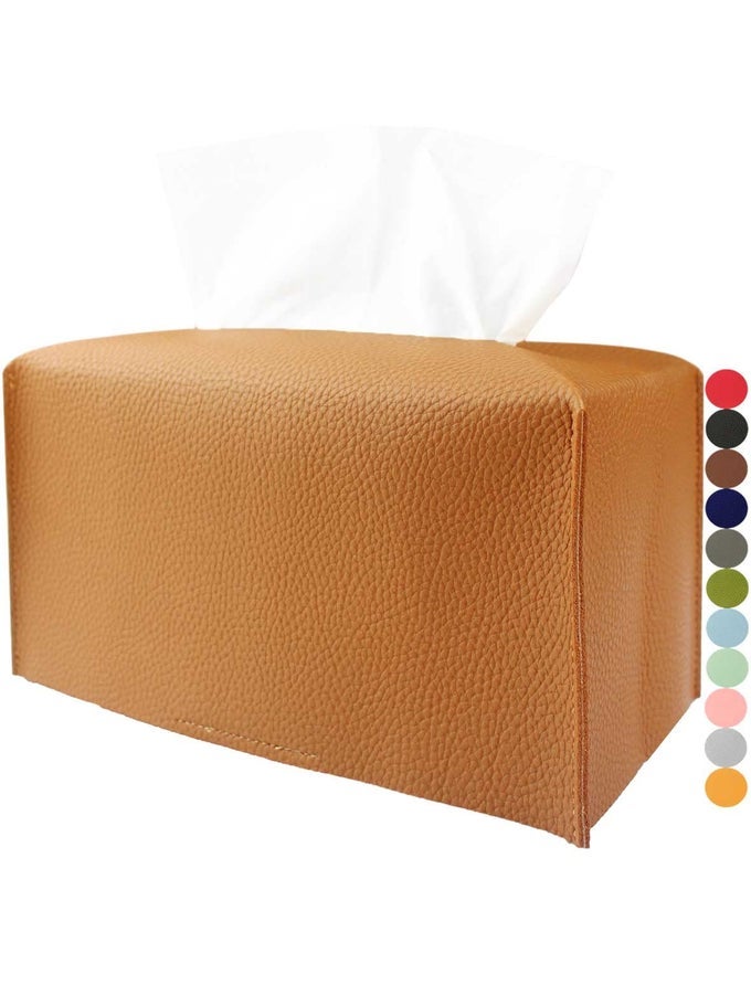 TISSUE BOX COVER LARGE RECTANGULAR PLUS SIZE LEATHER TISSUE BOX HOLDER WITH BOTTOM BELT CAMEL BROWN LONG RECTANGLE TISSUE HOLDER FOR BATHROOMCAROFFICE DECOR