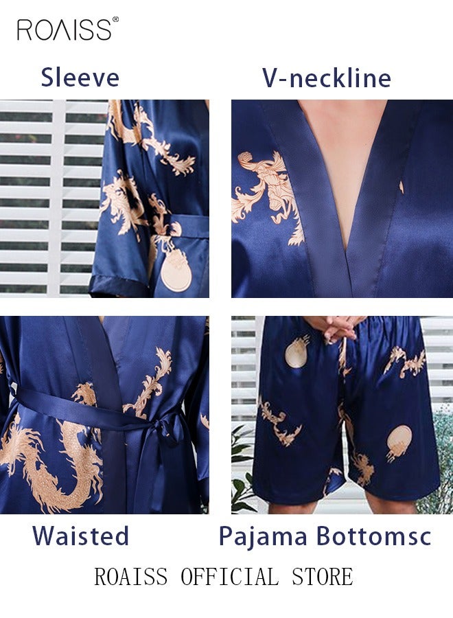 roaiss Pajama Shorts and Robe for Men Silk Dragon Pattern Pajamas Bathrobe gift for Boyfriend Husband Summer Loungewear Nightwear for Men  - Image 2