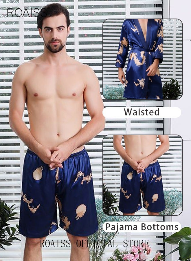 roaiss Pajama Shorts and Robe for Men Silk Dragon Pattern Pajamas Bathrobe gift for Boyfriend Husband Summer Loungewear Nightwear for Men  - Image 5