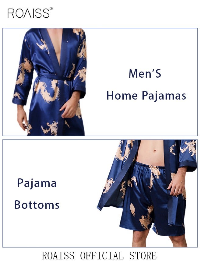 roaiss Pajama Shorts and Robe for Men Silk Dragon Pattern Pajamas Bathrobe gift for Boyfriend Husband Summer Loungewear Nightwear for Men  - Image 3
