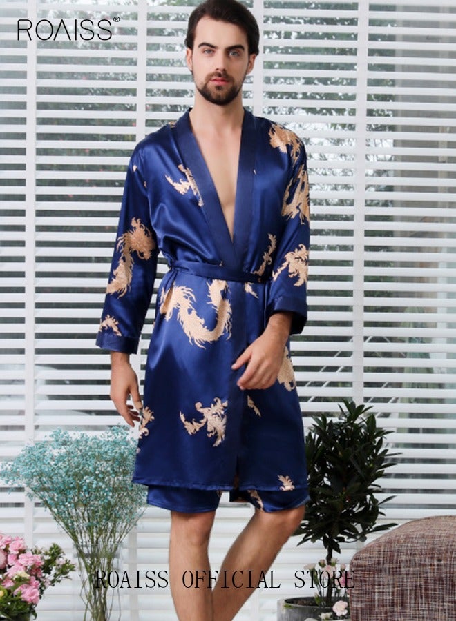 roaiss Pajama Shorts and Robe for Men Silk Dragon Pattern Pajamas Bathrobe gift for Boyfriend Husband Summer Loungewear Nightwear for Men  - Image 1