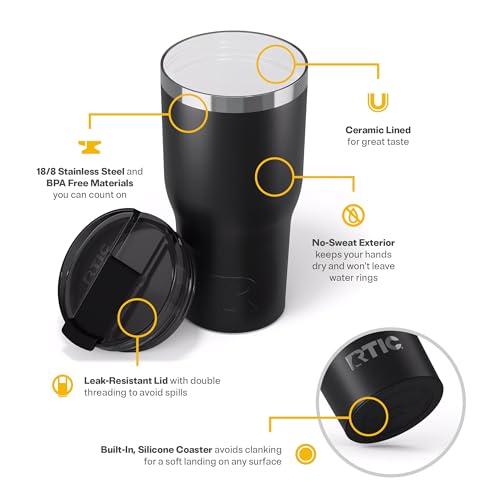 RTIC 30oz Essential Tumbler with Lid, Ceramic Lined, Insulated, Stainless Steel, Metal, Double Wall Vacuum-Insulation, Travel Cup for Iced Coffee, Tea, Hot and Cold Drink, Black - Image 4