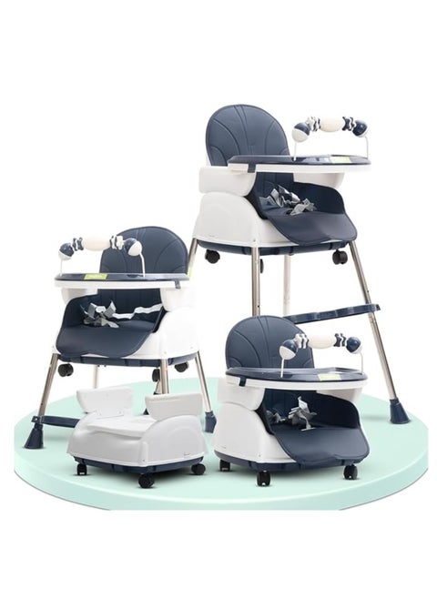 Happy Kiddo 4 in 1 Nora Convertible High Chair for KidsAdjustable Height and Footrest, Baby Toddler Feeding Booster Seat with Tray, Wheels, Safety Belt and Cushion For 6 Months to 4 Years (Dark Blue)