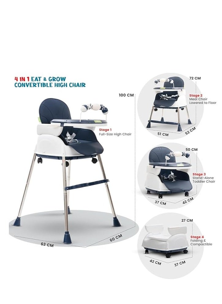 Generic - Happy Kiddo 4 in 1 Nora Convertible High Chair for KidsAdjustable Height and Footrest, Baby Toddler Feeding Booster Seat with Tray, Wheels, Safety Belt and Cushion For 6 Months to 4 Years (Dark Blue) - Image 1