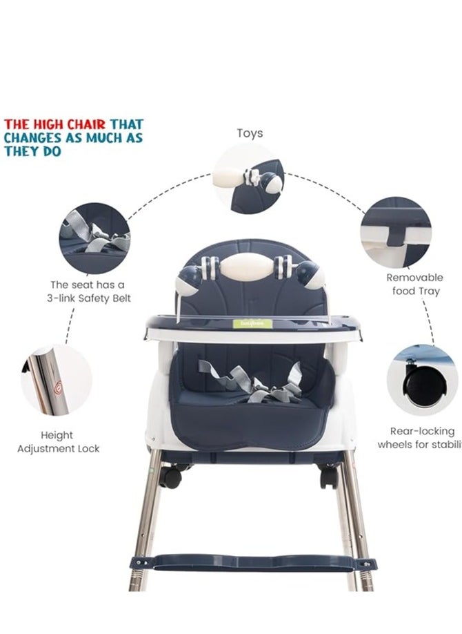 Generic - Happy Kiddo 4 in 1 Nora Convertible High Chair for KidsAdjustable Height and Footrest, Baby Toddler Feeding Booster Seat with Tray, Wheels, Safety Belt and Cushion For 6 Months to 4 Years (Dark Blue) - Image 1
