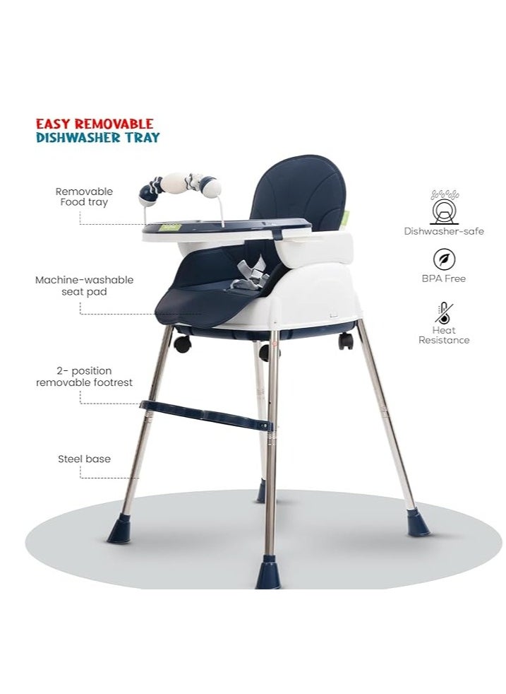 Generic - Happy Kiddo 4 in 1 Nora Convertible High Chair for KidsAdjustable Height and Footrest, Baby Toddler Feeding Booster Seat with Tray, Wheels, Safety Belt and Cushion For 6 Months to 4 Years (Dark Blue) - Image 1