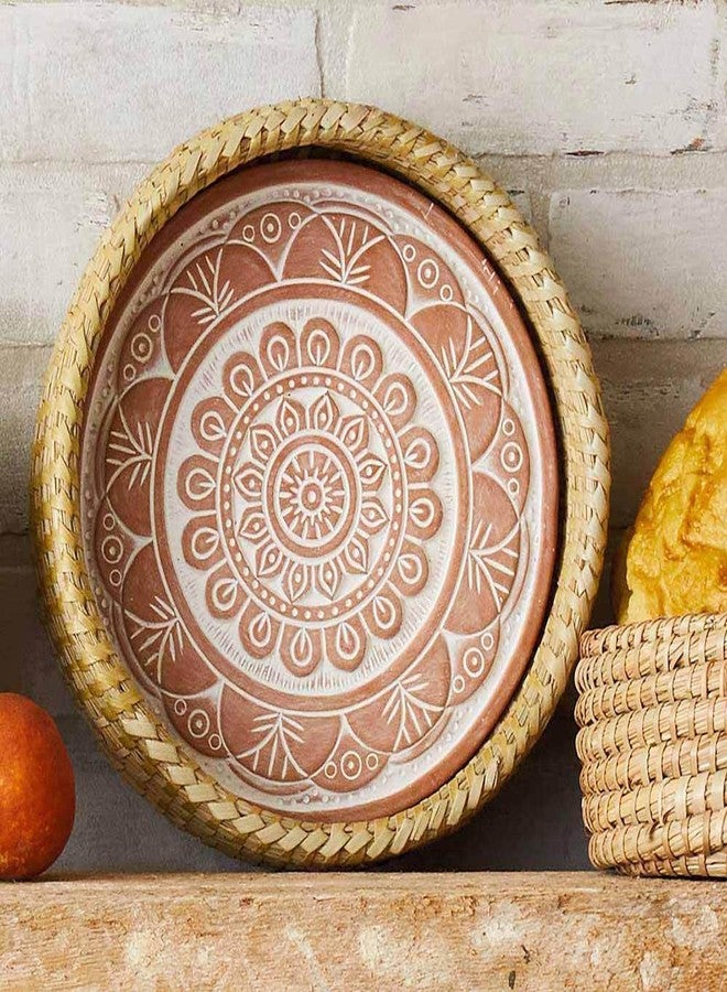 سلة خبز مع سخان من الطين، سلة خبز، سلة خبز للتقديم، مقاس 11.5 بوصة عرض × 11.5 بوصة طول × 3.5 بوصة ارتفاع، تصميم ماندالا مستوحى من الهند - Image 3