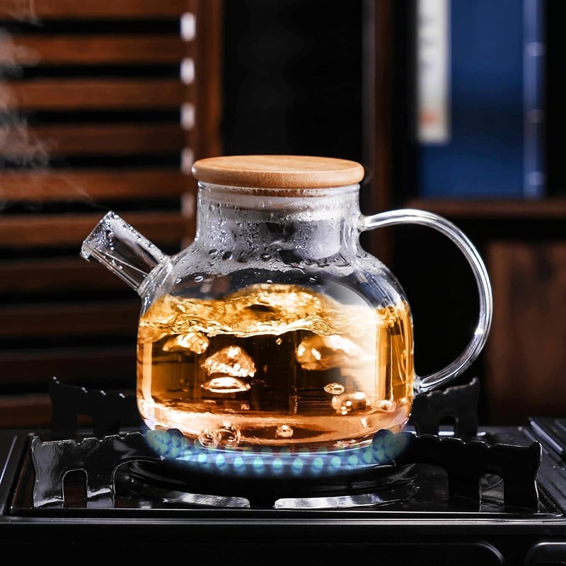 NVRA Premium 1000ML, Borosilicate Clear Tea Kettle with Bamboo Lid, Glass Tea Pot with Removable Filter Spout, Teapot Blooming and Loose Leaf Tea Maker Tea Brewer for Camping(1ltr) - Image 1