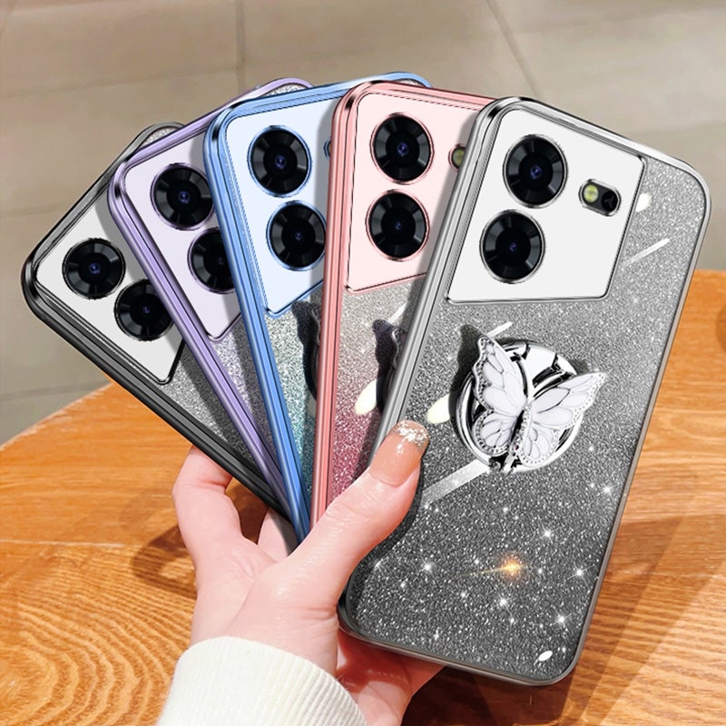 HuHa Protective Cover For Tecno Pop 5 Pro Plated Gradient Glitter Butterfly Holder TPU Phone Case(Sierra Blue) - Image 2