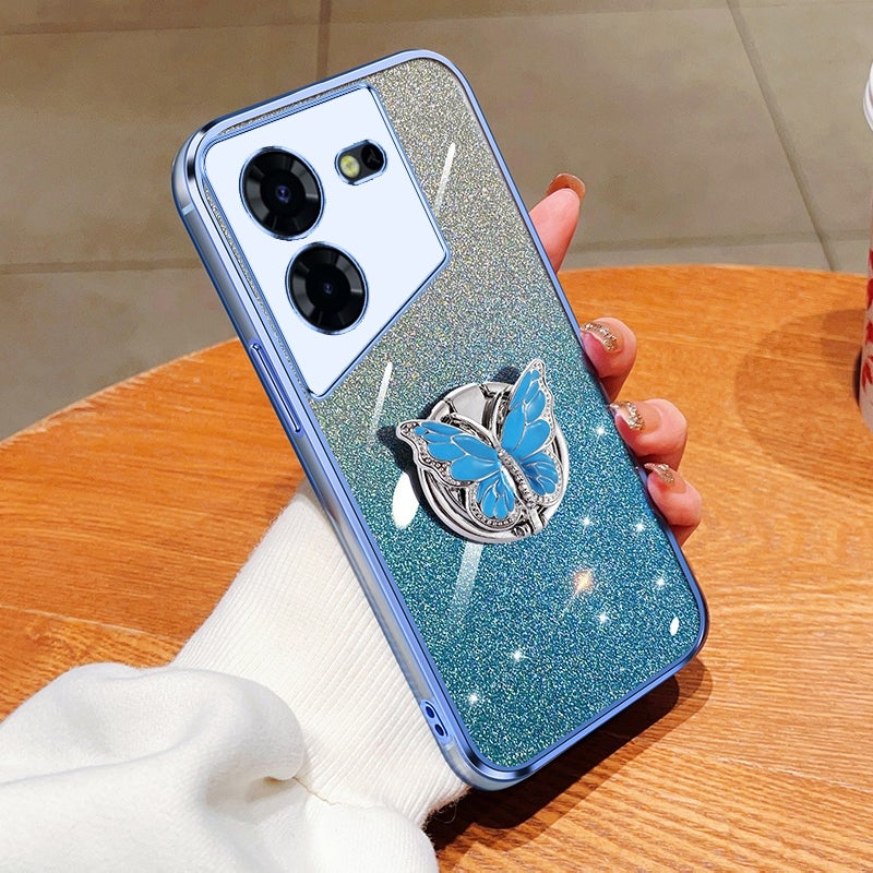 HuHa Protective Cover For Tecno Pop 5 Pro Plated Gradient Glitter Butterfly Holder TPU Phone Case(Sierra Blue) - Image 1