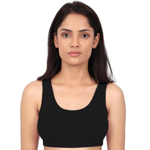 DChica Sports Bra for Women & Girls, Cotton Non Padded Full Coverage Beginners Non-Wired T-Shirt Gym Workout Bra with Regular Broad Strap, Activewear Training Bra for Teenager (Pack of 2 Black) - Image 4