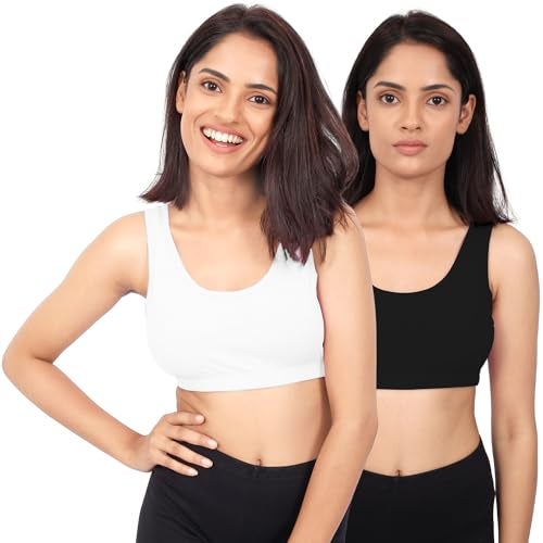 DChica Sports Bra for Women & Girls, Cotton Non Padded Full Coverage Beginners Non-Wired T-Shirt Gym Workout Bra with Regular Broad Strap, Activewear Training Bra for Teenager (Pack of 2 Black) - Image 1