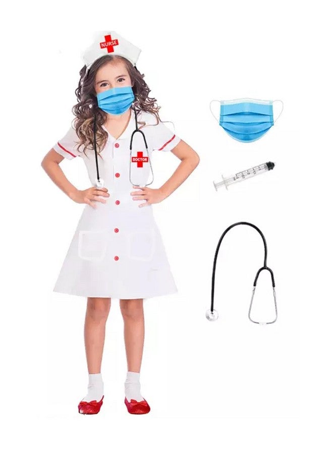 Fancy Dress World Nurse Coat dress for Kids | Nurse dress Costumes for boys & girls Nurse dress With Stethoscope, Mask, Injection,Headgear (Set Of 5) 5-6Yrs  - Image 1