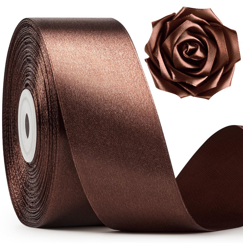 Mauproy 1-1/2 Inch Wide Brown Satin Ribbon  50 Yards Solid Polyester Fabric Ribbon For Roses Making  Gift Wrapping  Christmas  Wedding Decorations  Crafts  Bows - Image 1
