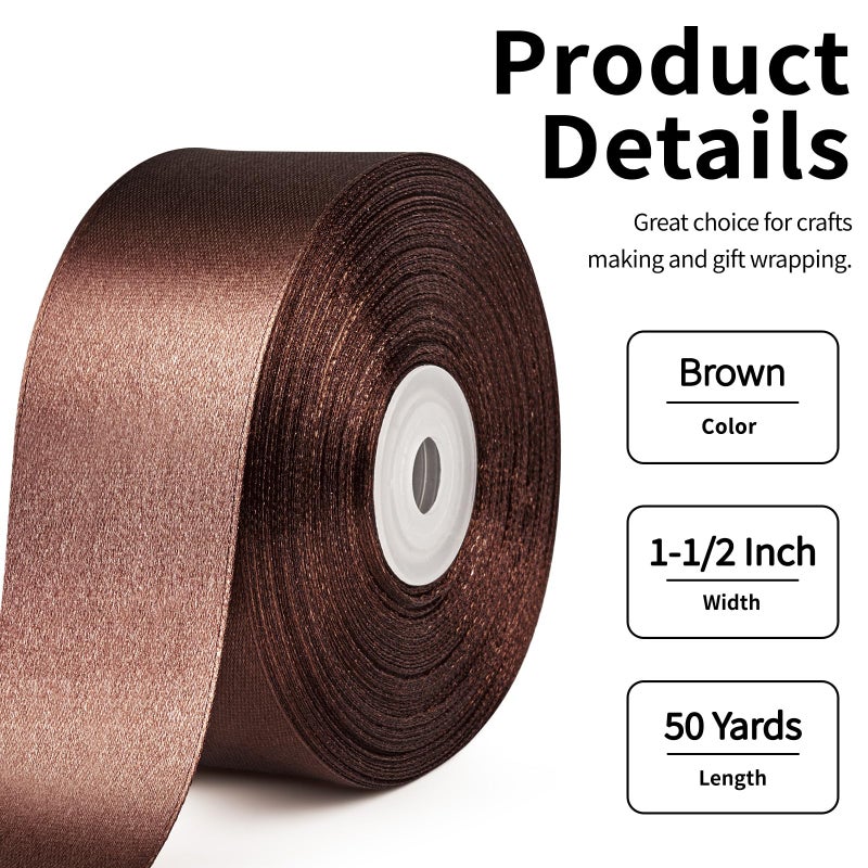Mauproy 1-1/2 Inch Wide Brown Satin Ribbon  50 Yards Solid Polyester Fabric Ribbon For Roses Making  Gift Wrapping  Christmas  Wedding Decorations  Crafts  Bows - Image 2