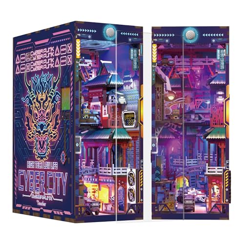 Tonecheer DIY Book Nook Kit for Adults Wooden 3D Puzzle Bookend Bookshelf Insert Decor Cyber Punk Booknook Miniature House Kit with Dust Cover and Body Motion Sensor LED Cyber City - Image 1