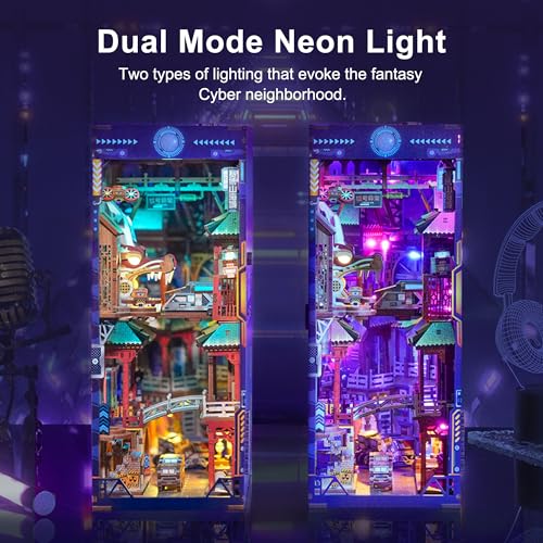 Tonecheer DIY Book Nook Kit for Adults Wooden 3D Puzzle Bookend Bookshelf Insert Decor Cyber Punk Booknook Miniature House Kit with Dust Cover and Body Motion Sensor LED Cyber City - Image 5