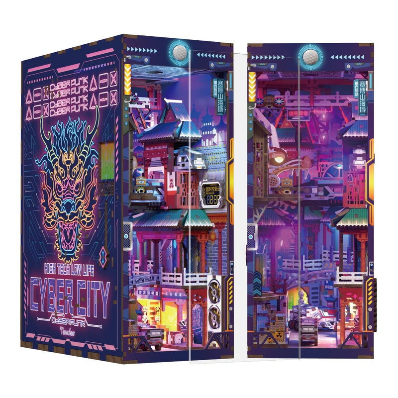 Tonecheer DIY Book Nook Kit for Adults Wooden 3D Puzzle Bookend Bookshelf Insert Decor Cyber Punk Booknook Miniature House Kit with Dust Cover and Body Motion Sensor LED Cyber City - Image 2