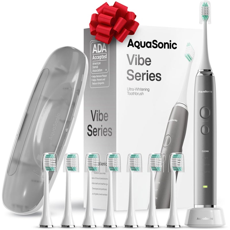 Aquasonic Vibe Series Ultra-Whitening Toothbrush â€“ ADA Accepted Electric Toothbrush - 8 Brush Heads & Travel Case â€“ 40,000 VPM Motor & Wireless Charging - 4 Modes w Smart Timer â€“ Charcoal Metallic - Image 1