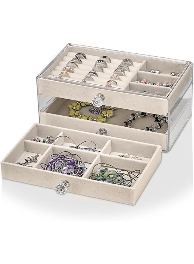 Acrylic accessories organizer with 3 drawers, luxurious velvet lining, multiple compartments for rings, necklaces, watches, and makeup. Elegant design with luxurious handles. Imported. W - Image 3