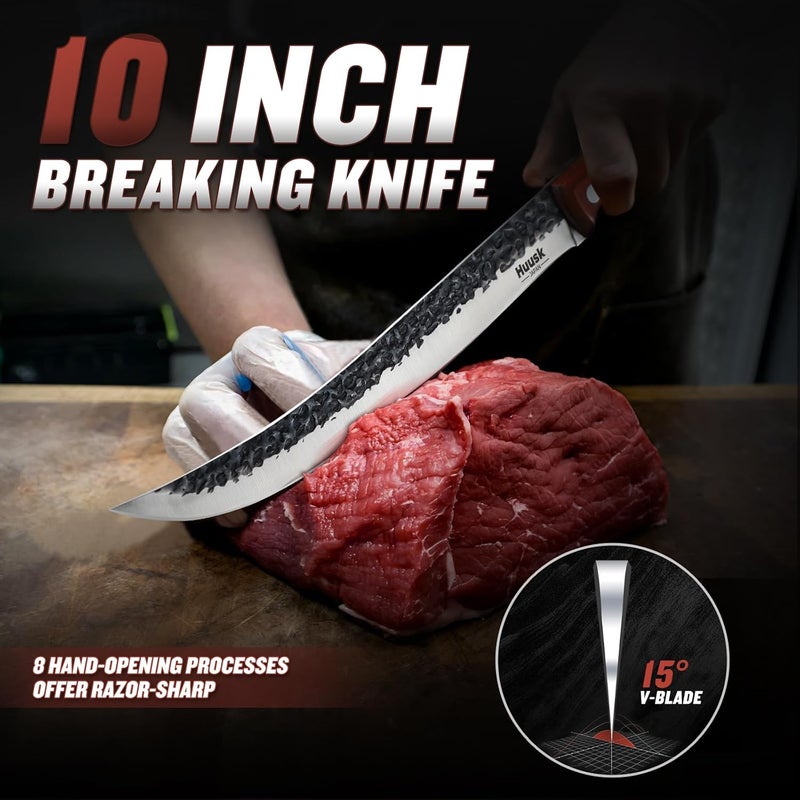 Huusk Breaking Knife 10 Inch-Hand Forged Carving Knives for Meat Japanese Cimeter Curved Blade Butcher Knives Professional with Leather Sheath for Camping Outdoor BBQ - Image 2