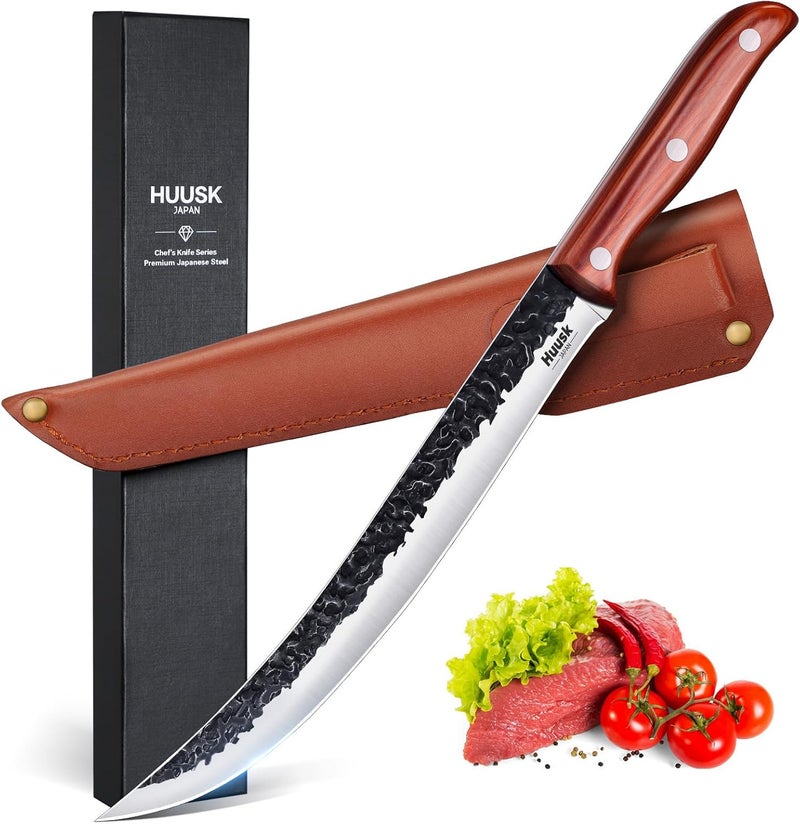 Huusk Breaking Knife 10 Inch-Hand Forged Carving Knives for Meat Japanese Cimeter Curved Blade Butcher Knives Professional with Leather Sheath for Camping Outdoor BBQ - Image 1