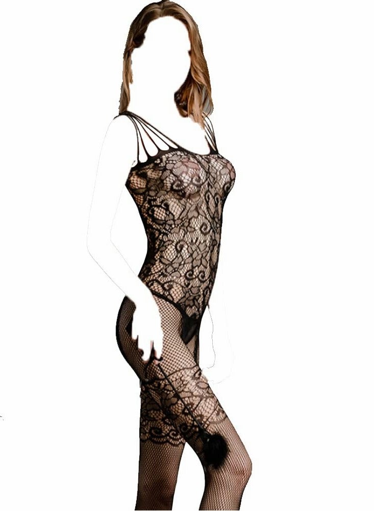 Excefore One-Piece Socks Fringed Shoulder Straps See-Through Jacquard Crotch Free Netting Bodysuit Socks Lace Night Wear Suit - Image 2
