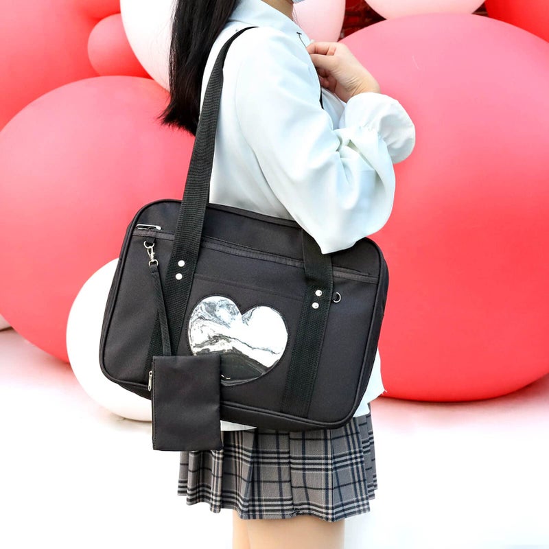 STEAMEDBUN Kawaii Ita Bag Japanese School Bag Cute Tote Bag Large Shoulder Anime Heart Purse(Black) - Image 2