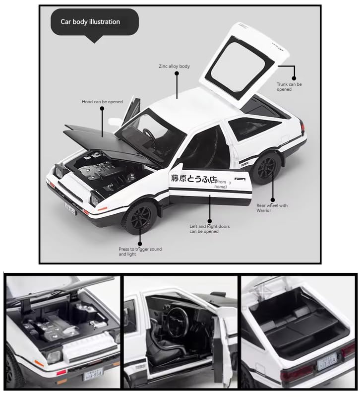 Invite Enterprise 1:32 Toyota AE86 Diecast Car Models Toys Metal Alloy Openable Door and Sound Light, Workmanship Car with Pull Back Toys Gifts for Boys【 White Color 】 - Image 4